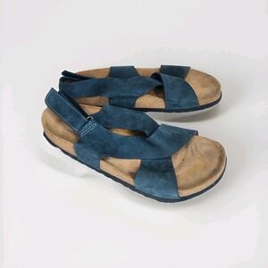Comfortfusse Fayette Blue Suede Leather Cross Strap Cork Footbed Sandals EU‎ 39